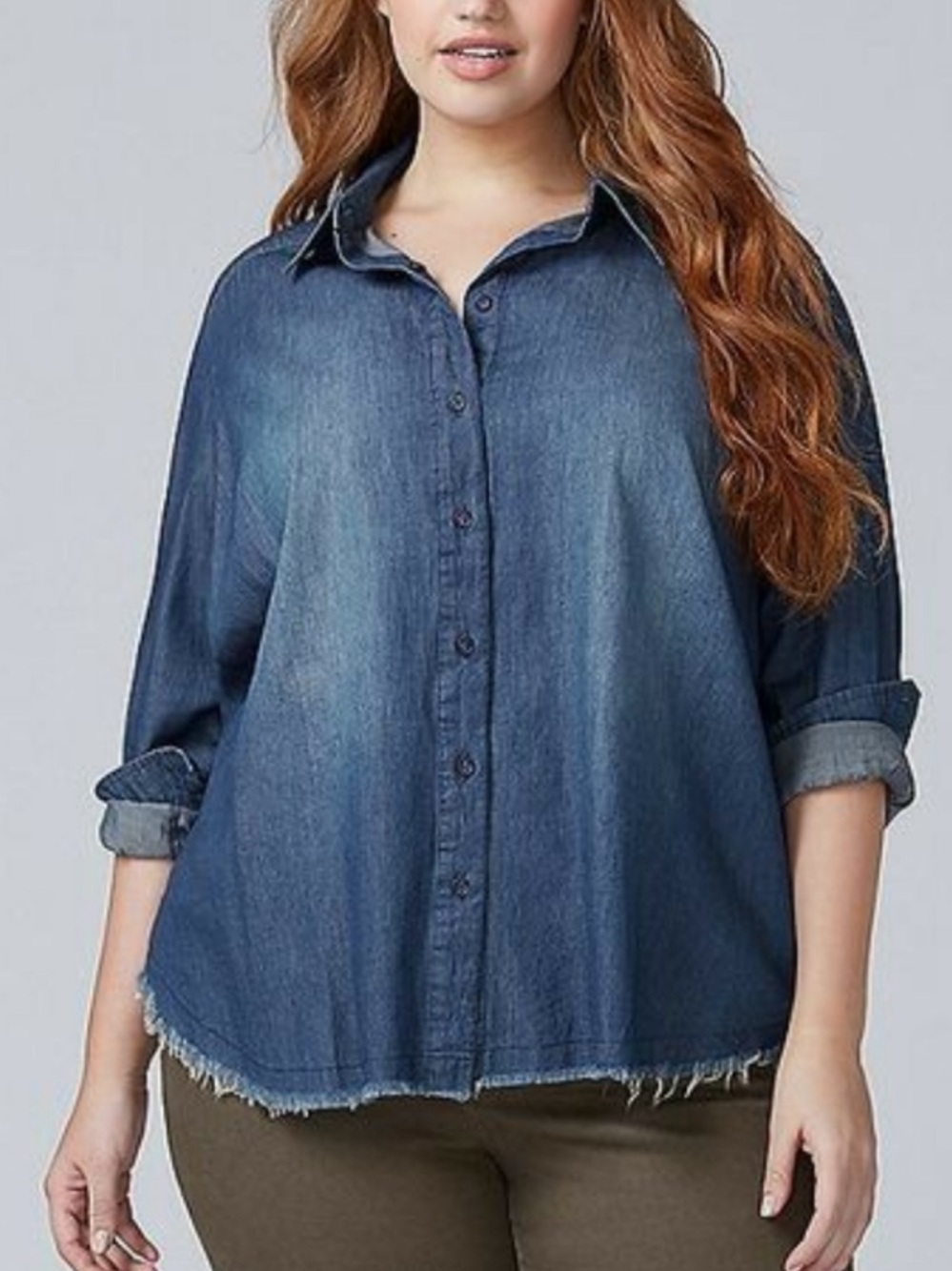 Lane Bryant Chambray Denim Button Down Shirt Frayed Hem Boho Size 14